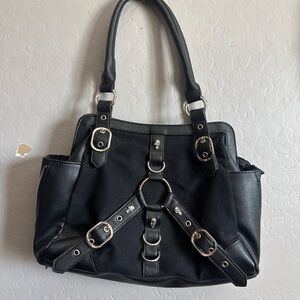 Banned Alternative Black Women’s Tote Handbag with Buckle Skull Strap Detail